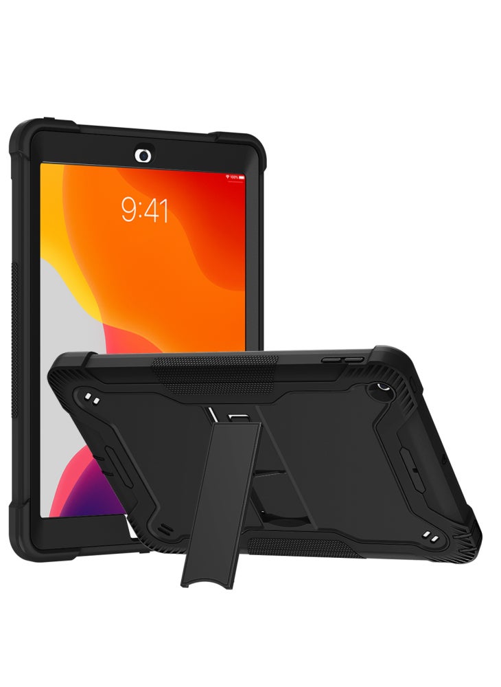 غطاء مقاوم للصدمات مع مسند لجهاز iPad 10.2 (2019)/(2020)/(2021)، جراب تابلت من السيليكون والكمبيوتر الشخصي - أسود - Image 1